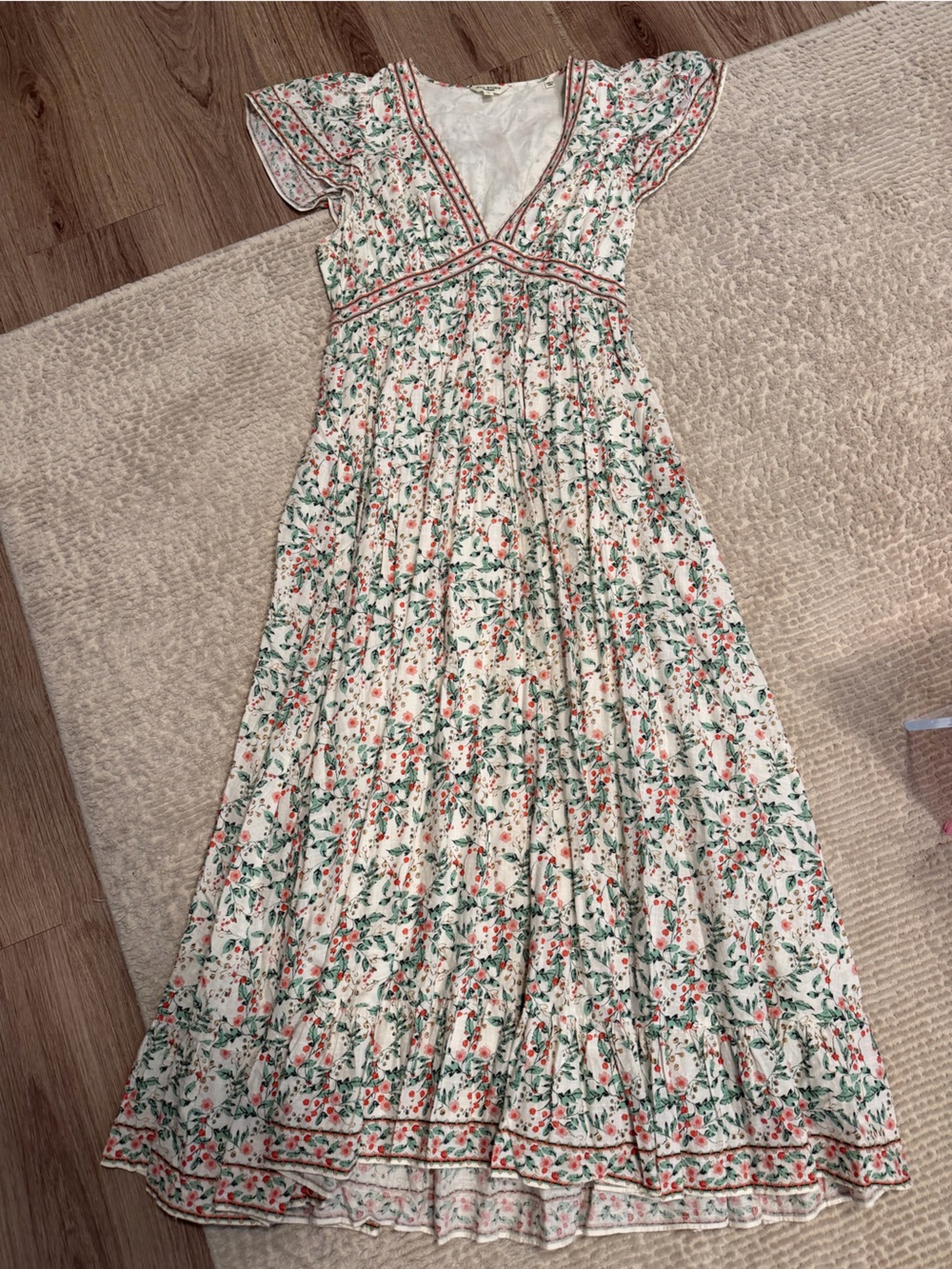 Floral Smocked Maxi dress in Cream and Coral and green
